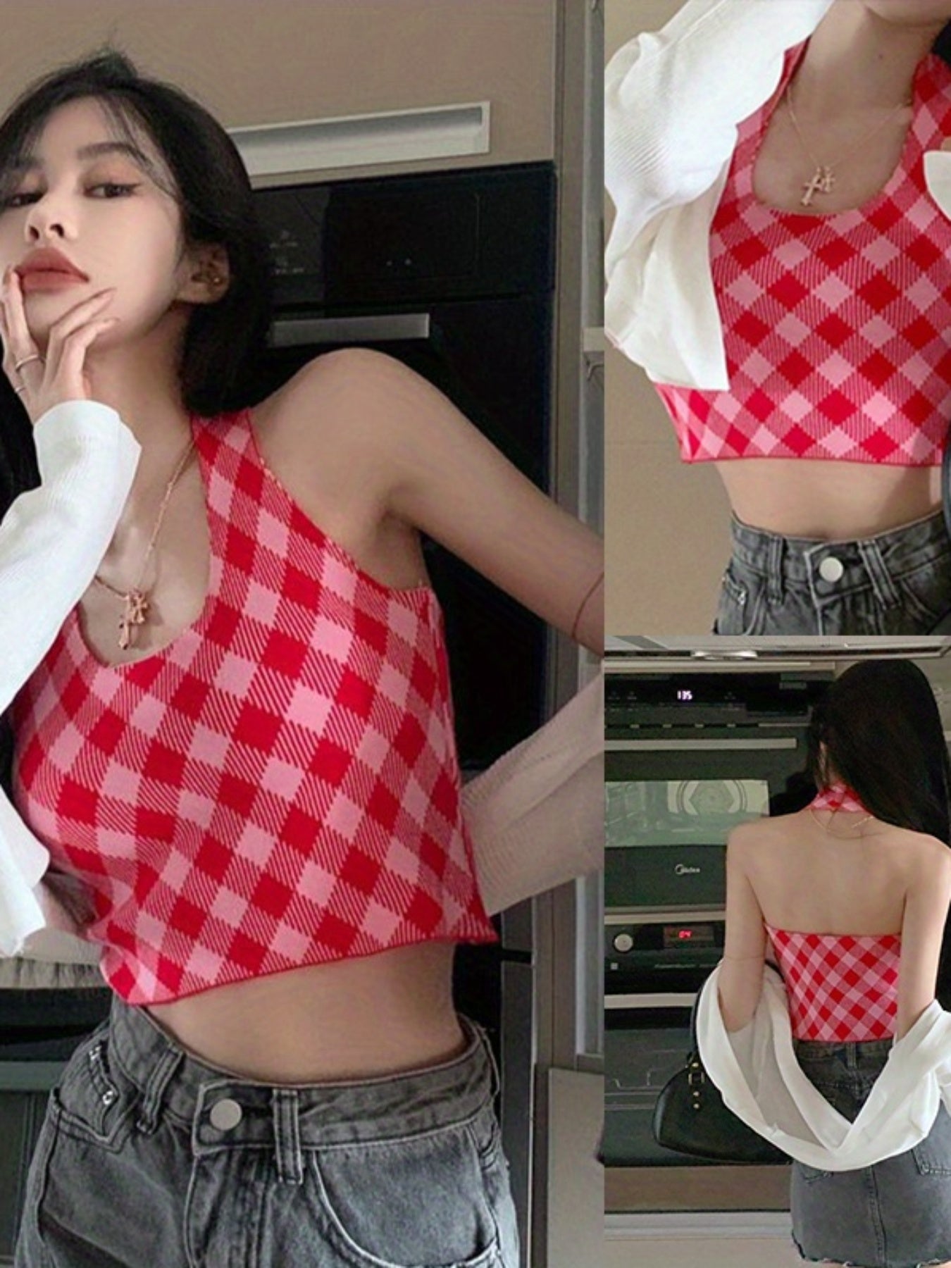 Women's Red and White Gingham Halter Crop Top - Sleeveless, Backless, Asymmetrical Cut, Summer Streetwear Tank Top, Ladies Tank Tops