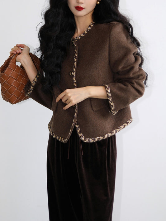 Women'S Elegant Vintage Brown Fleece Coat with Braided Trim - Round Neck Short Length Tailored Jacket for Fall Winter, Office & Street Style, Warm Durable Outerwear, Versatile Casual to Professional Outerwear