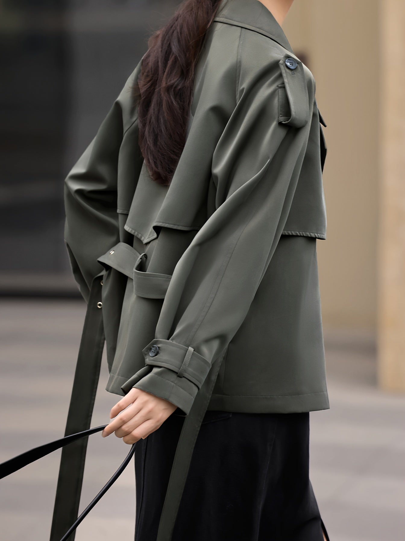 XWI Women's Chic Short Trench Coat - Relaxed Fit British Style, Green Polyester Jacket with Pockets, Casual Elegance for Spring Outfits