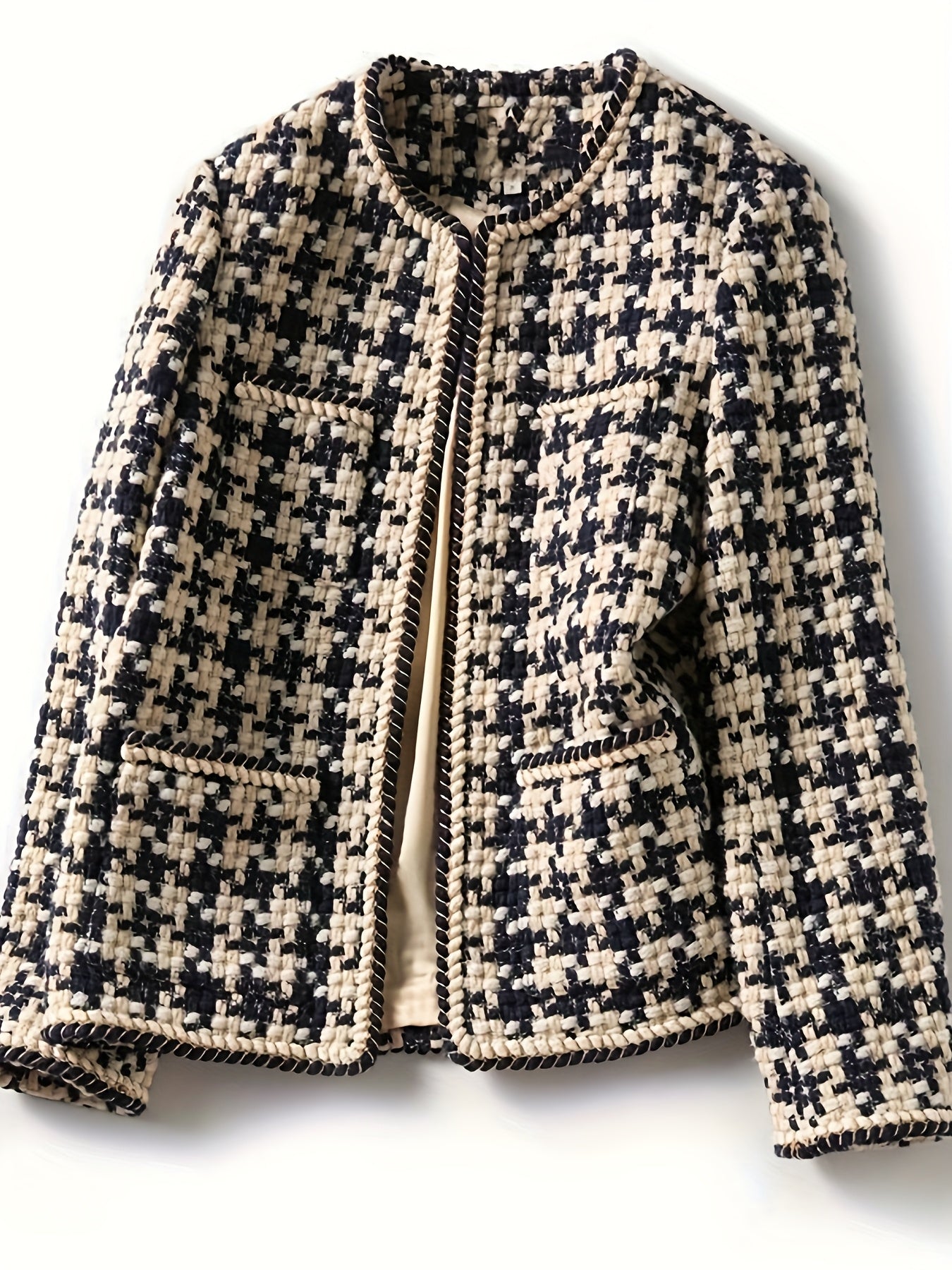 Women's Houndstooth Tweed Blazer Coat - Beige\u002F\u002FBlack\u002FBrown\u002FBurgundy Jacket with White Piping, Structured Collar & Button Front, Machine Washable British-Inspired Outerwear for Office, Weddings & Casual