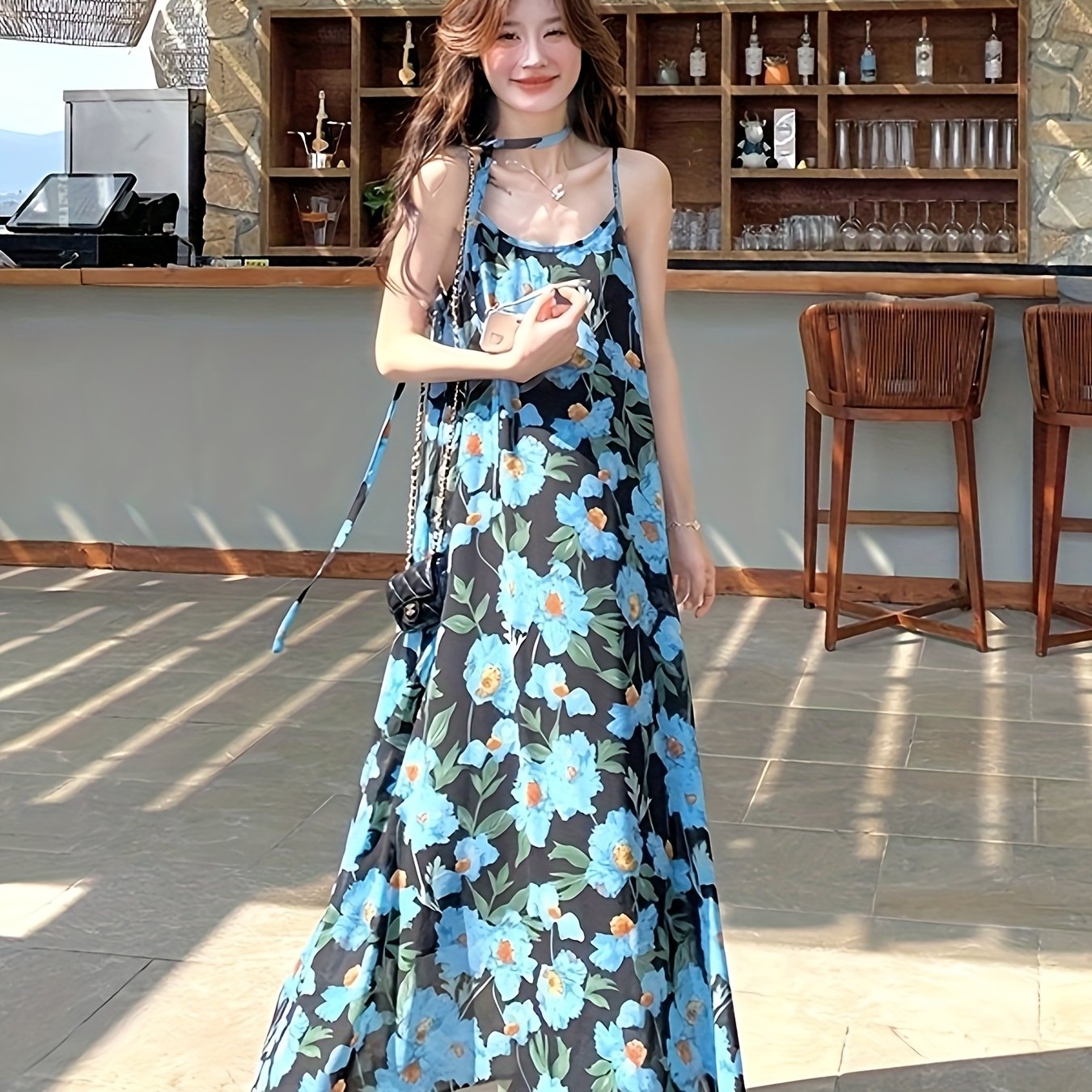 Women's Elegant Floral maxi dress - One-Shoulder\u002FSpaghetti Strap Beach party Outfit, Flowy A-Line Formal Casual Evening gown in Blue Floral Print for Women, Beach Dresses, Summer Fashion, Relaxed Fit Fabric
