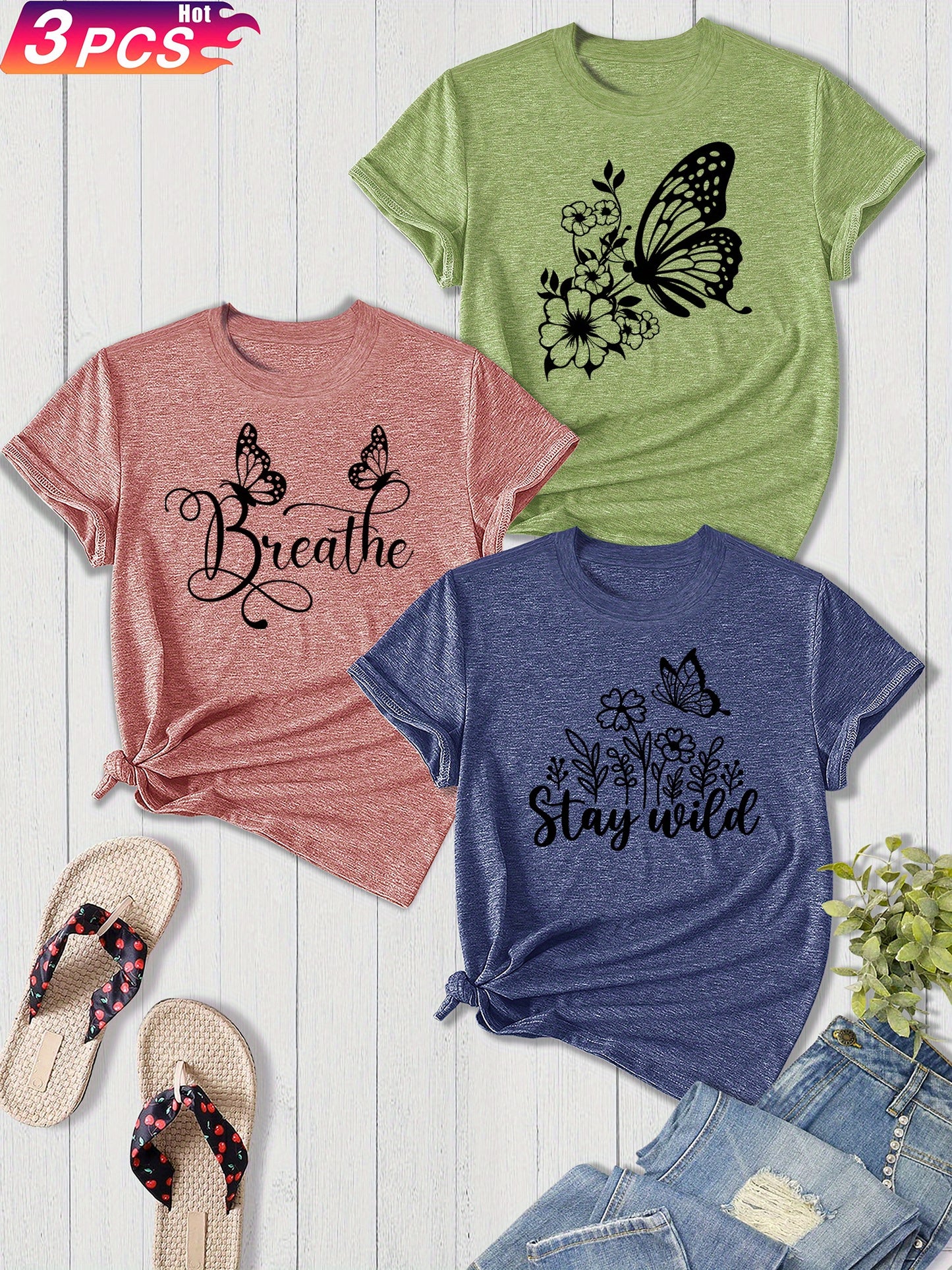 3-Pack Women'S Sister Family Clothing Summer Refreshing Day Retro Simple Elegant Butterfly Flower English Alphabet Printing Sports T-Shirt, Casual Crew Neck Short-Sleeved Top, Shot Polyester Blend, Perfect Choice for Gifts, Summer And Spring Clothing