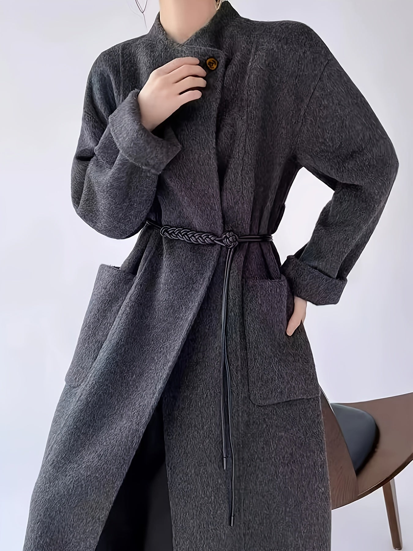 Women'S Elegant Long Coat with Adjustable Belt - Slim Fit, Solid Color, Long Sleeve, Loose Fit, X-Style Design for Fall\u002FWinter, Elegant Outerwear | Slim Fit Coat | Structured Coat