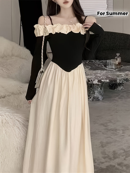 Cute Polyester Dress Polyester Off-the-Shoulder Long Sleeve Dress | Cute Exaggerated Ruffle and Fit and Flare Silhouette - Perfect for Adult Spring\u002FSummer\u002FFall