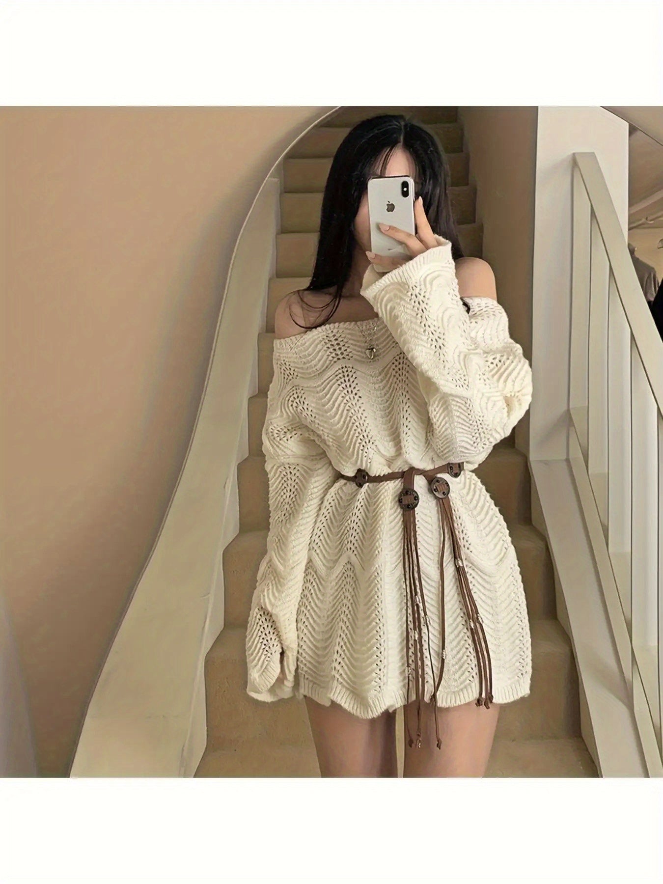 Women's Asymmetric Shoulder Design Loose Versatile Dress with Belt TJ22729