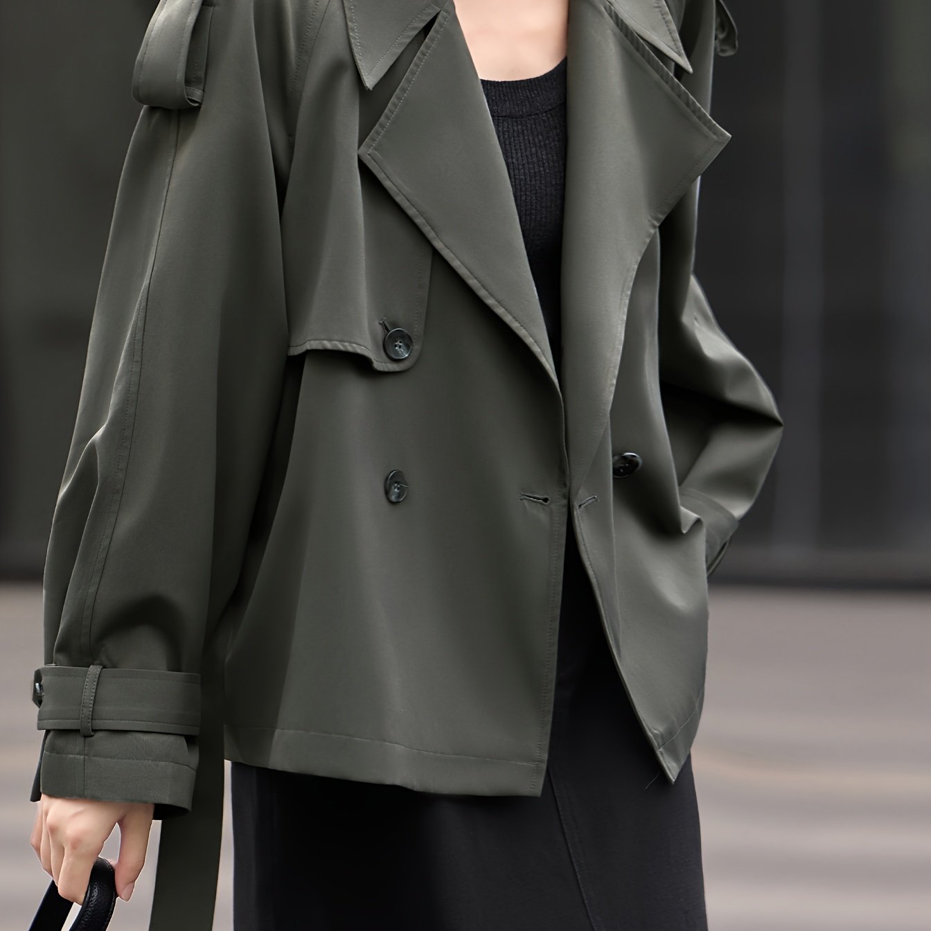 XWI Women's Chic Short Trench Coat - Relaxed Fit British Style, Green Polyester Jacket with Pockets, Casual Elegance for Spring Outfits