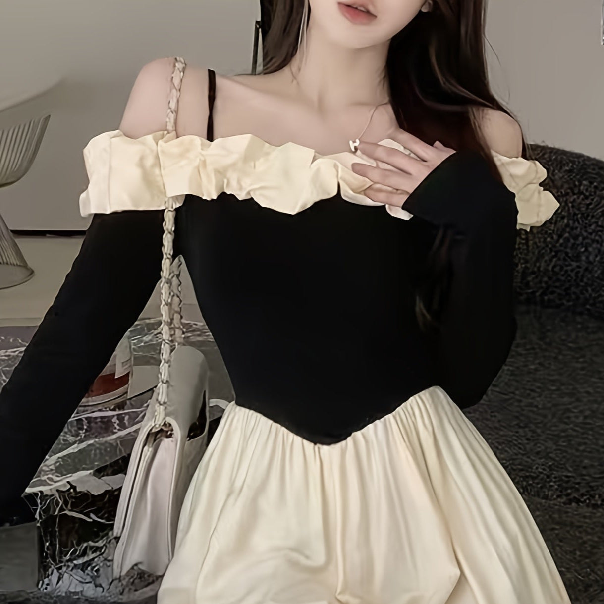 Cute Polyester Dress Polyester Off-the-Shoulder Long Sleeve Dress | Cute Exaggerated Ruffle and Fit and Flare Silhouette - Perfect for Adult Spring\u002FSummer\u002FFall