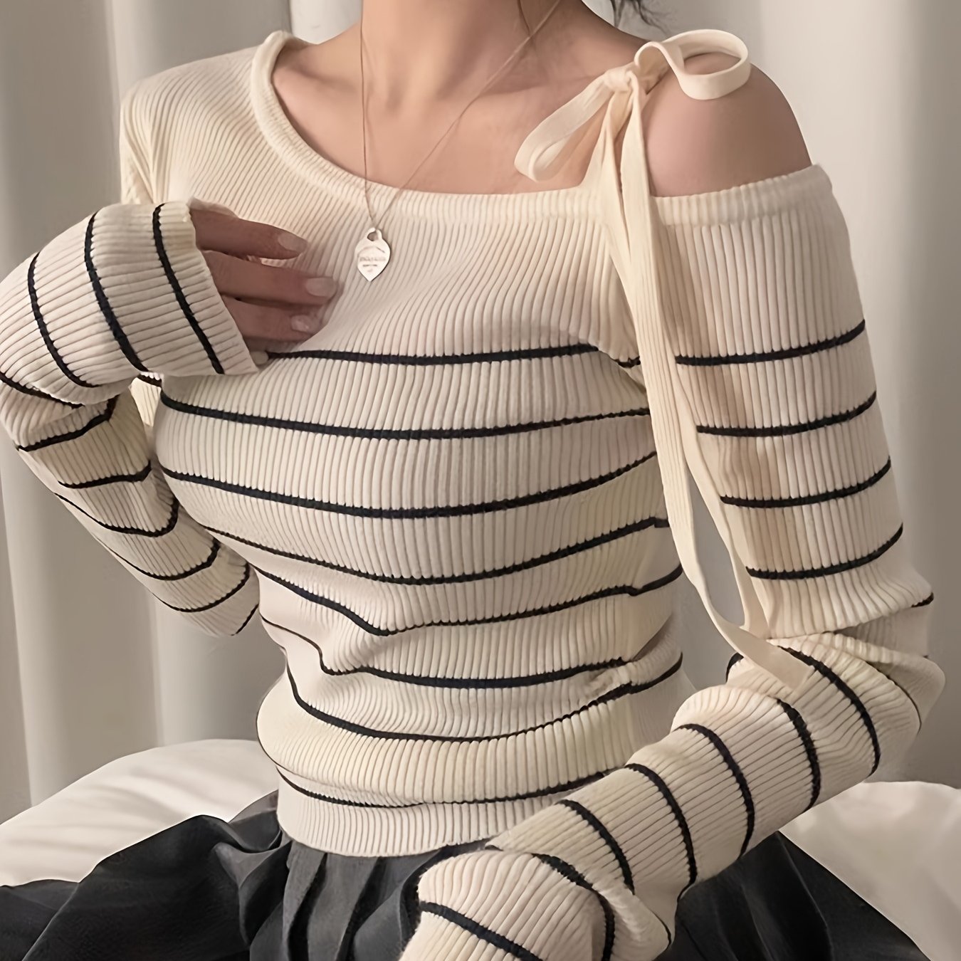 Women's Chic Off-Shoulder Sweater T-Shirt - Black & White Horizontal Stripes, Adjustable Drawstring Neckline, Medium Stretch Top for Fall\u002FWinter, Elegant Casual Everyday Formal Outfits, Fall Fashion, Comfortable Fit