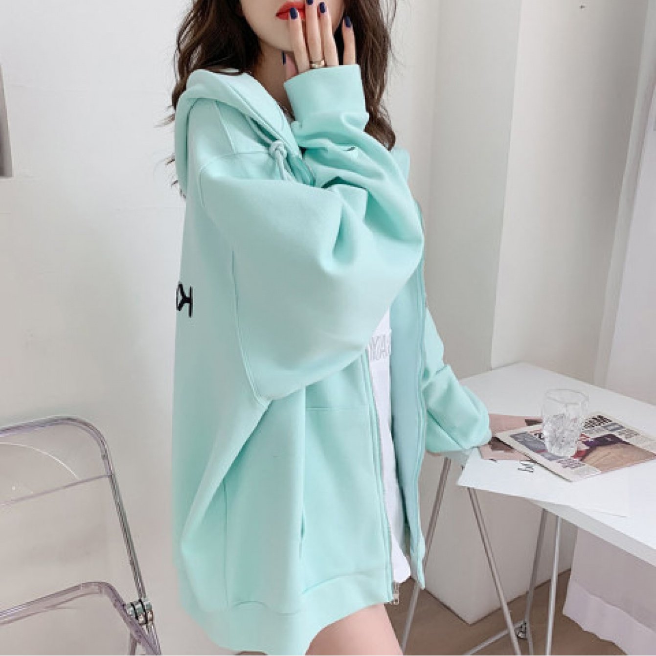 Women's Mint Green Zip-Up Cardigan Hoodie Jacket - Slim-Fit Lightweight Winter Coat with Full-Zip Closure, Elegant Casual Outerwear for Office & Semi-Formal Wear, Hand Washable (No) Cardigan Sweater