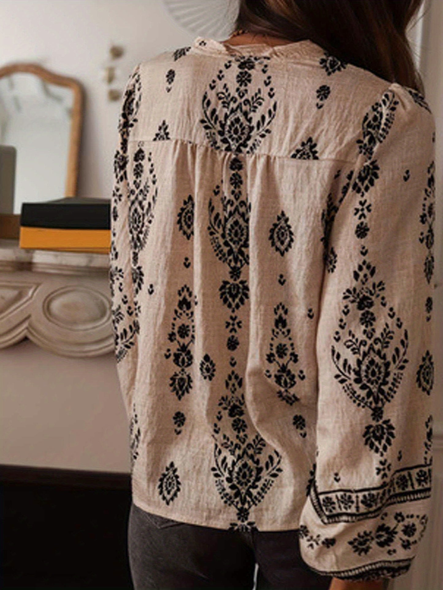 Women Floral V Neck Long Sleeve Blouse Summer Casual Loose Puff Sleeve Chiffon Top Work Boho Shirt