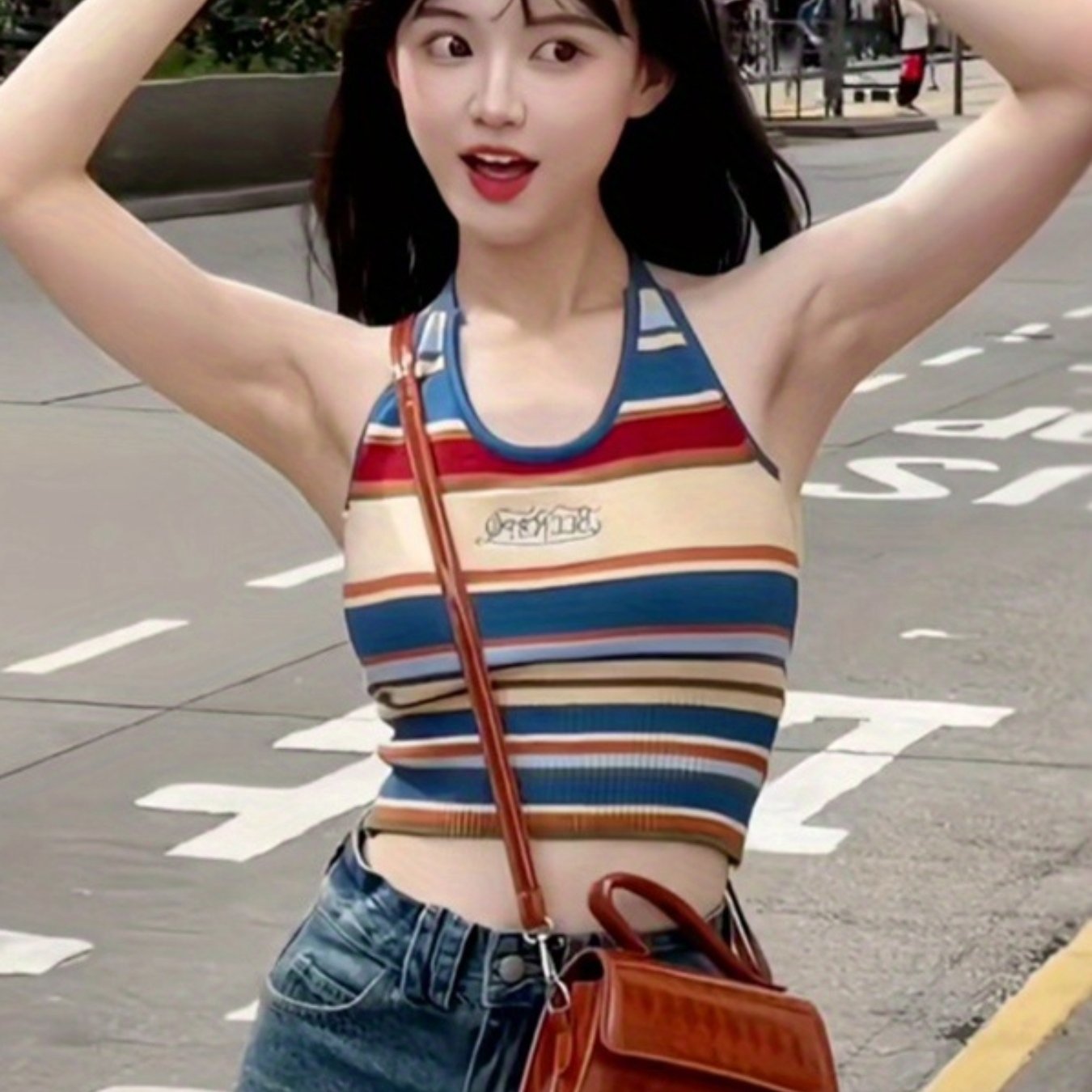 Women's Retro Halter Neck Cami Top - Open Back Knit Striped Tank with Multi-Color Block Design, Breathable Sleeveless Party & Casual Tops for Spring Summer Fall, Summer Fashion | Offshoulder Fashion | Soft Texture, Ladies Tank Tops
