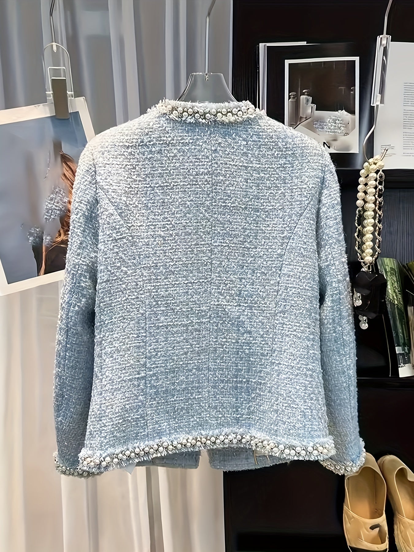 New Blue Round-Neck Jacket, French Style, Embellished with Handcrafted Beads, Versatile And Stylish Top, Model 220886-5.