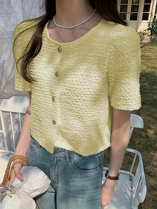 Summer New Unique And Beautiful Women'S French Style Shirt, Round Neck Short Sleeve, Button Up, Regular Fit, No Belt, No Padding, for Spring\u002FSummer\u002FFall