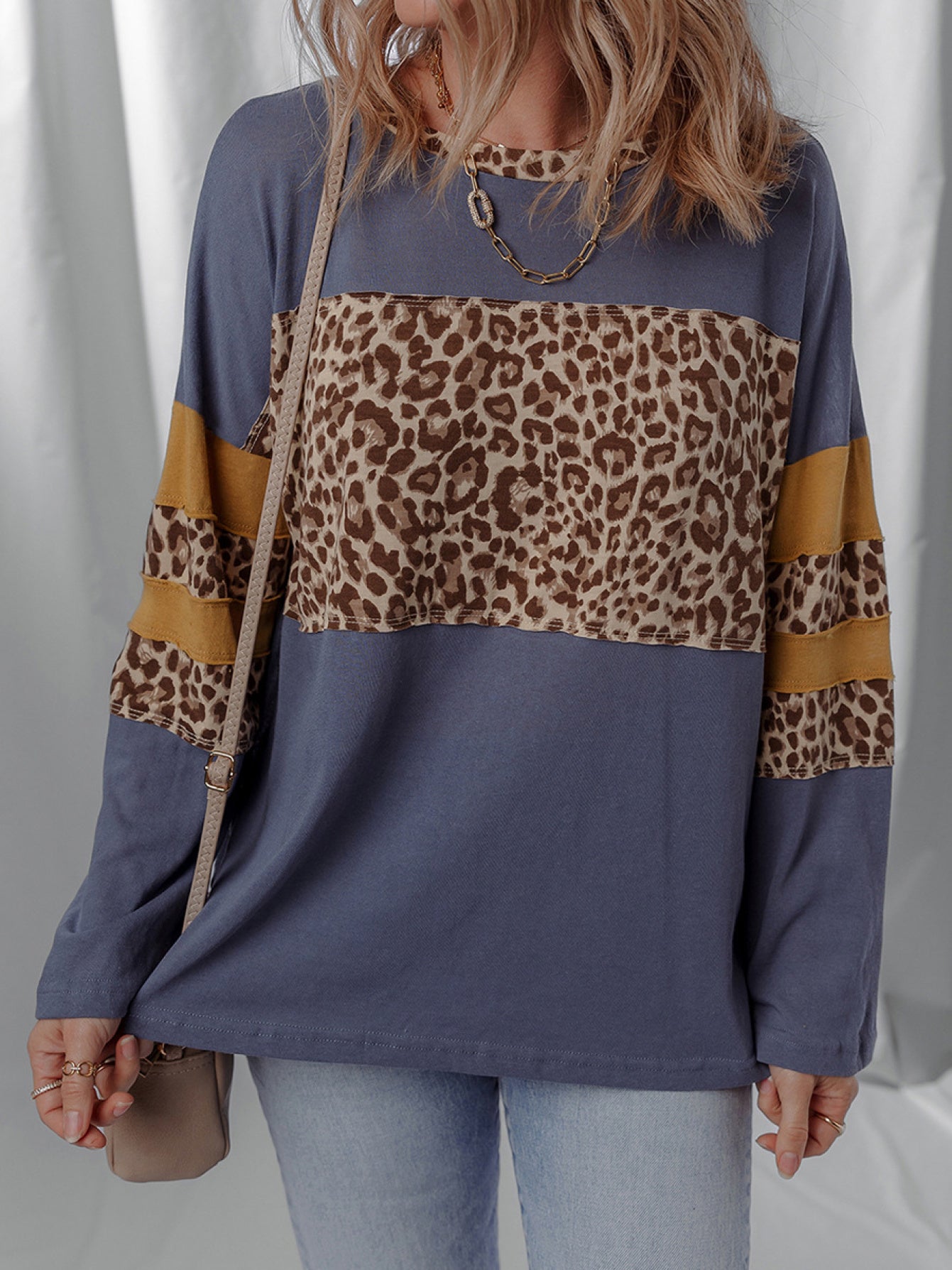 Women's Leopard Print Faux Collar Sweatshirt - Elegant Irregular Hem Long Sleeve Crewneck Pullover, Beige\u002FBrown\u002FTaupe Winter Sweater for Fall & Winter, Casual to Dressy Outfits (No-Stretch Fabric)