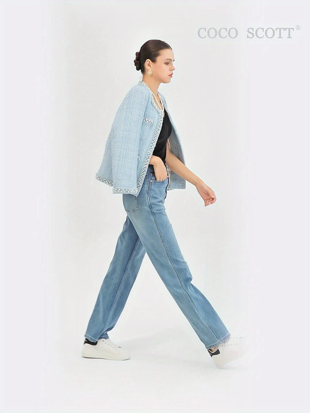 New Blue Round-Neck Jacket, French Style, Embellished with Handcrafted Beads, Versatile And Stylish Top, Model 220886-5.