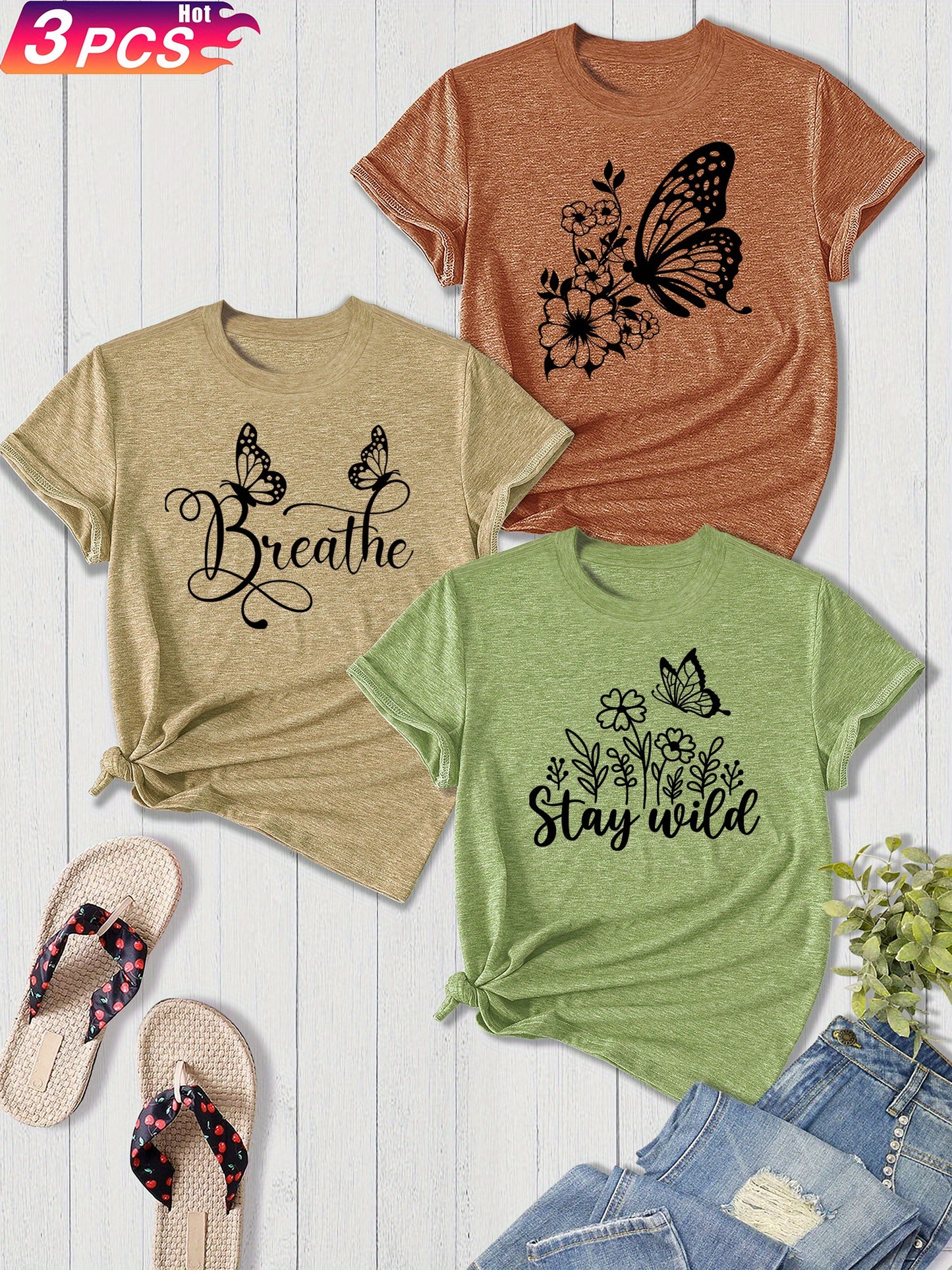 3-Pack Women'S Sister Family Clothing Summer Refreshing Day Retro Simple Elegant Butterfly Flower English Alphabet Printing Sports T-Shirt, Casual Crew Neck Short-Sleeved Top, Shot Polyester Blend, Perfect Choice for Gifts, Summer And Spring Clothing