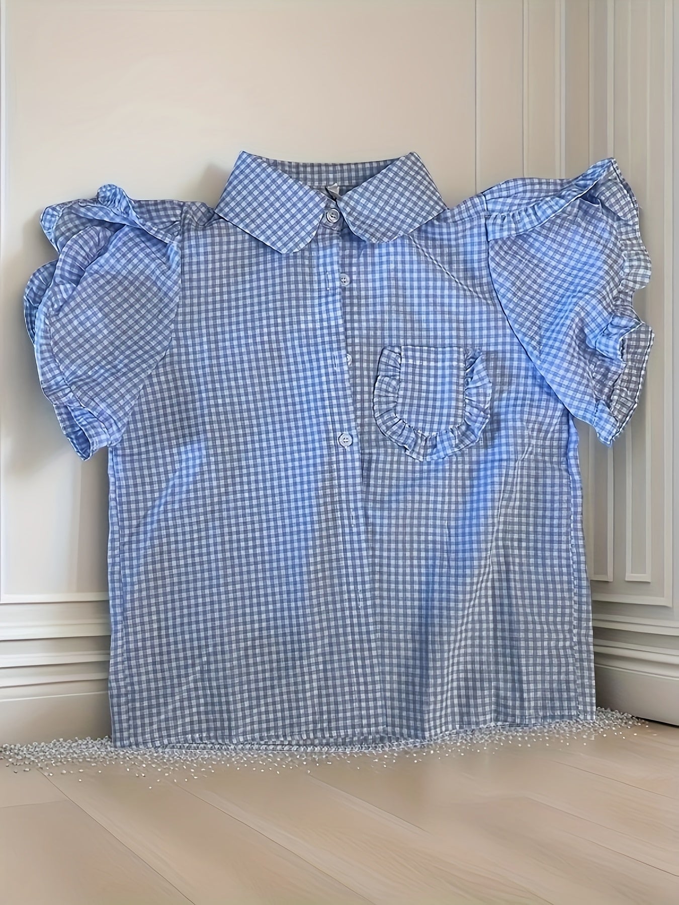 Chic Blue & White Gingham Short Sleeve Blouse with Ruffled Edges - Cute Crew Neck, Button-Up Shirt for Women, Perfect for Summer, Casual or Stylish Outfits, Ladies Blouses