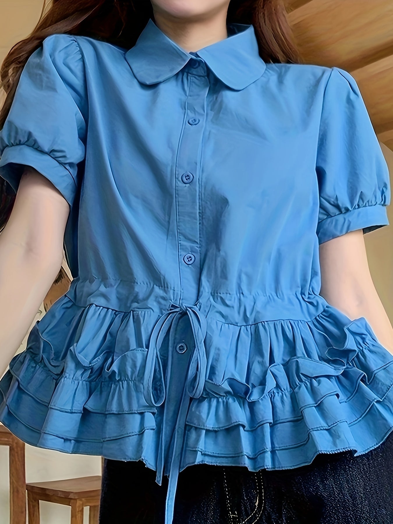 1pc Women's Elegant Ruffled Stand Collar Blouse - Slim Fit Short Sleeve Summer Top with Adjustable Drawstring Waist, Solid Color Casual to Formal Shirt, Everyday Stylish Wear, Smooth Texture Fabric, Quality Casualwear