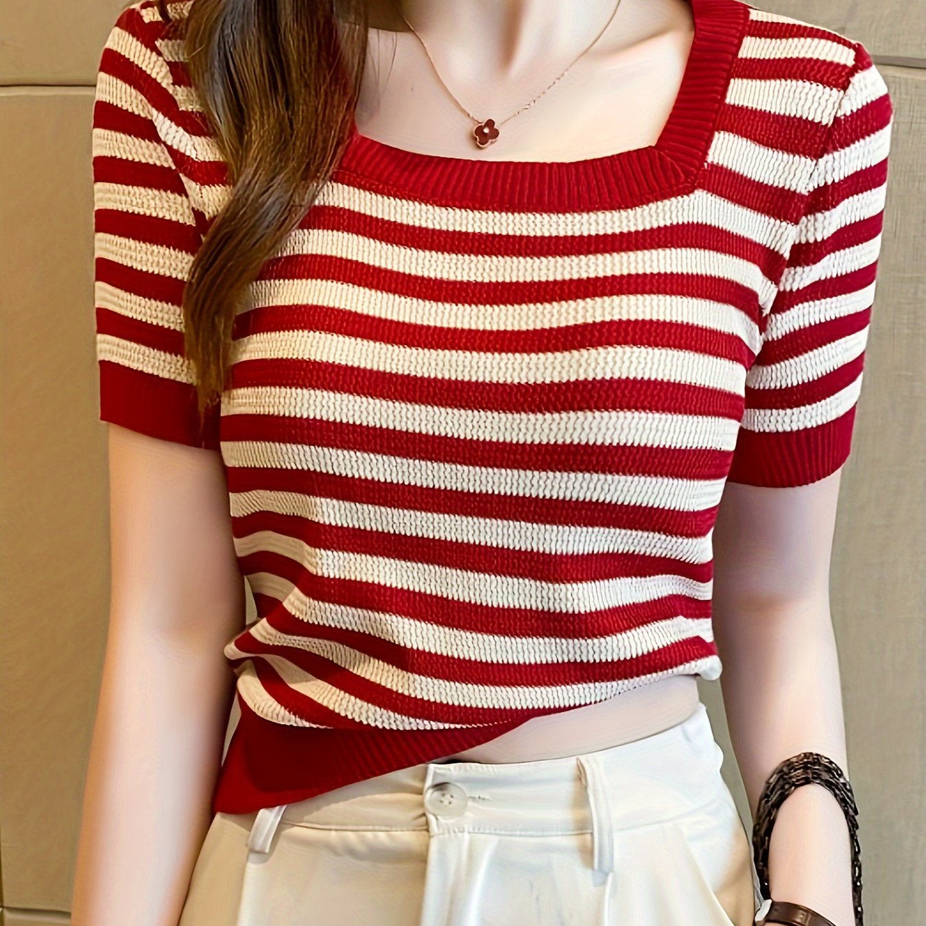 Striped Pattern Square Neck Top, Spring Summer Casual Short Sleeve Blouse, Women's Clothing