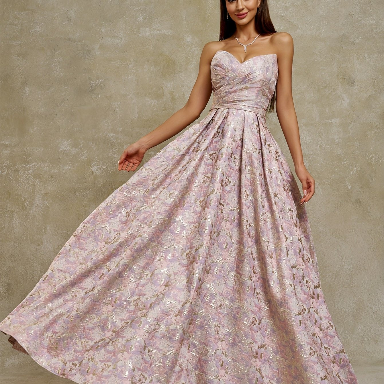 Women's Strapless Geometric Jacquard Evening Gown with Ruffled Hem - Elegant Fitted Top & Flowy Skirt, Hand Wash Only, Perfect for Weddings, Galas, Formal Parties & Family Dinners, Formal Evening Gown