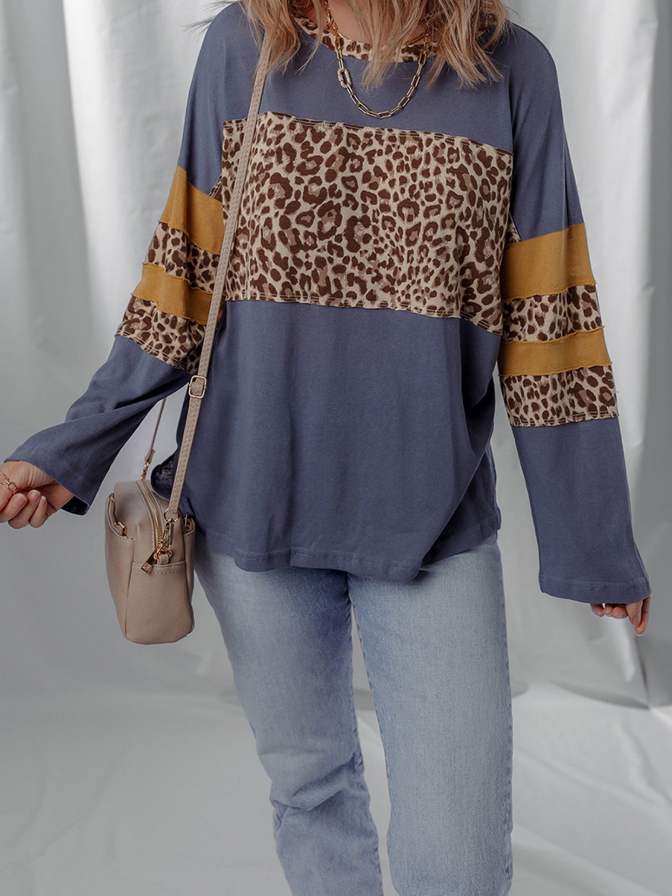 Women's Leopard Print Faux Collar Sweatshirt - Elegant Irregular Hem Long Sleeve Crewneck Pullover, Beige\u002FBrown\u002FTaupe Winter Sweater for Fall & Winter, Casual to Dressy Outfits (No-Stretch Fabric)