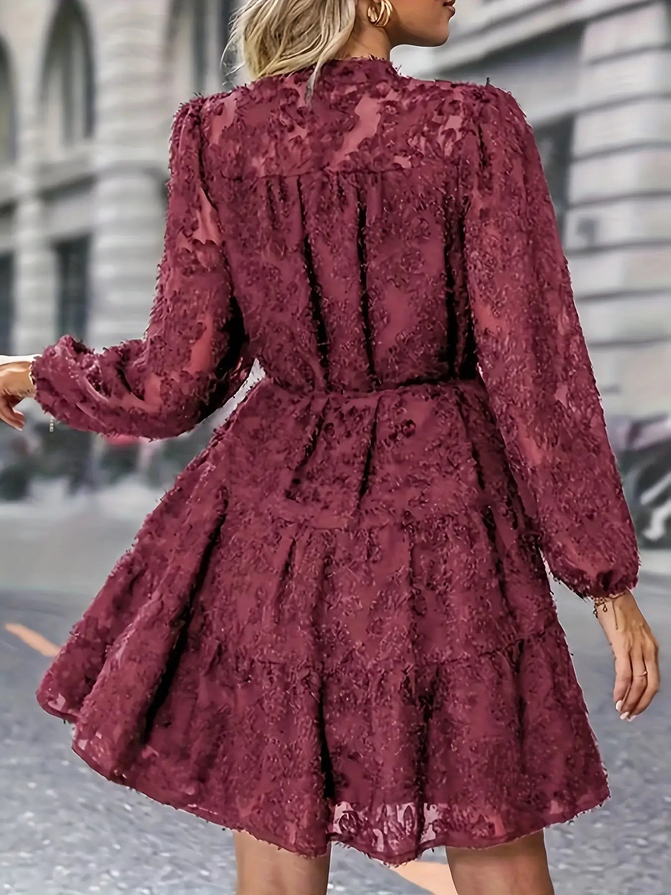 Women's Elegant Burgundy Off-Shoulder\u002FBoat Neck Long Sleeve Mini Dress - A-Line Fitted Short Cocktail Party Wedding Guest Dress, All-Season Frock with Short (No) for Year-Round Wear, Machine Washable