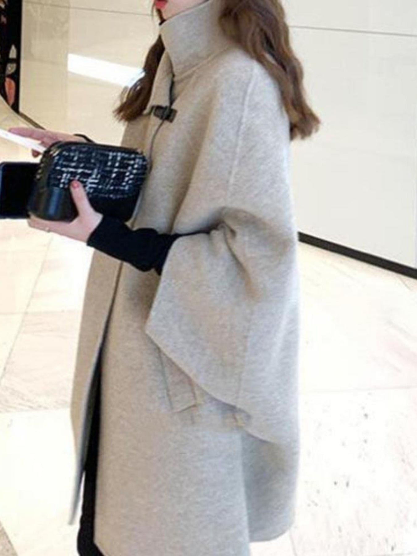 Women's Japanese Korean Style Cape Coat - Elegant Mid-Length Winter Coat with Hood-like Collar, Long Sleeve Korean Hanbok-Inspired Outerwear, Pockets & Smooth- (No Padding) for Fall & Winter, Casual to Formal Events (Hand Wash\u002FDry