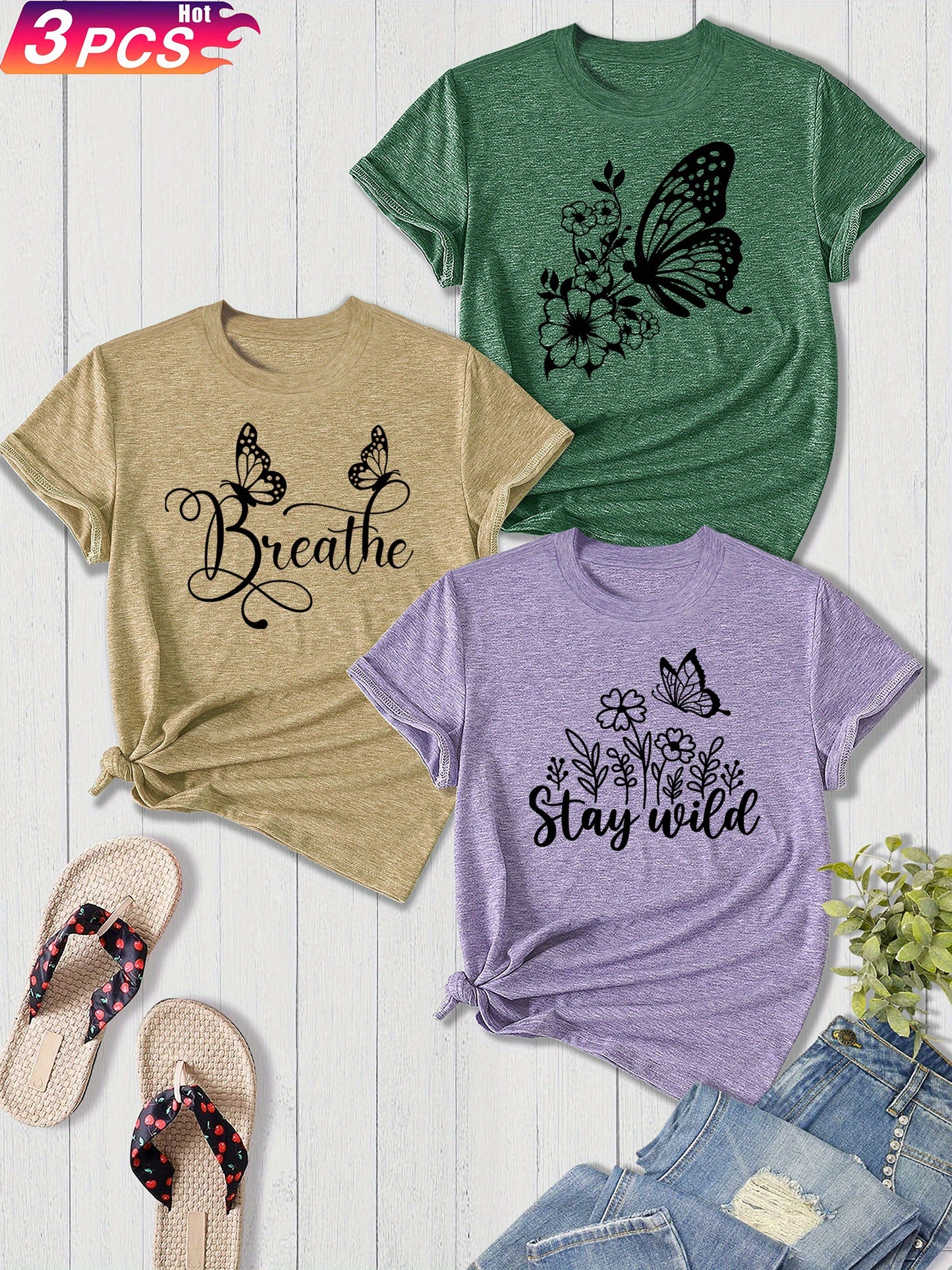 3-Pack Women'S Sister Family Clothing Summer Refreshing Day Retro Simple Elegant Butterfly Flower English Alphabet Printing Sports T-Shirt, Casual Crew Neck Short-Sleeved Top, Shot Polyester Blend, Perfect Choice for Gifts, Summer And Spring Clothing
