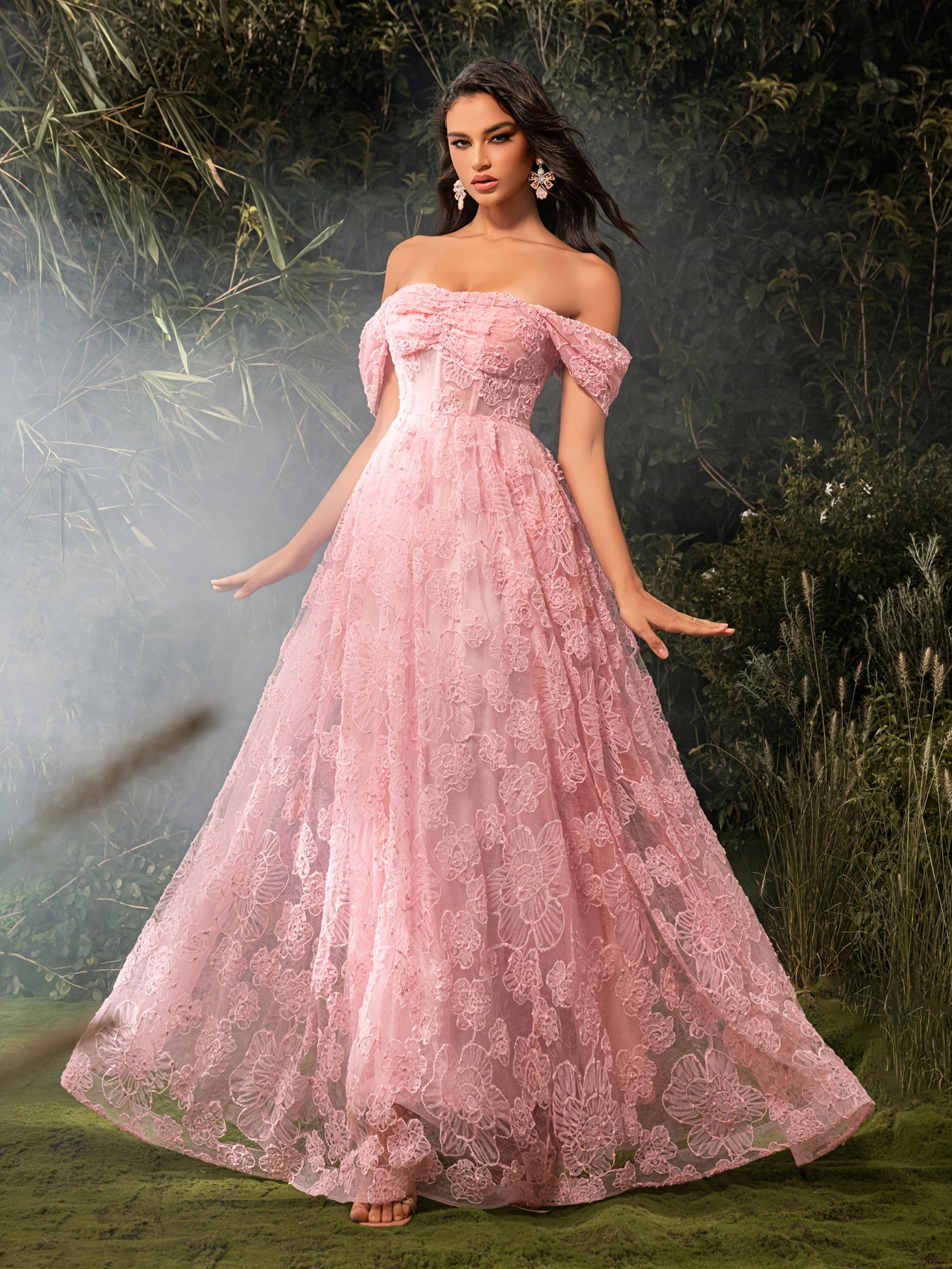 Elegant Off-Shoulder Pink Floral Mesh Gown with Ruffled Sleeves and Train - Perfect for Weddings, Parties, and Formal Events, Formal Event Dress | Offshoulder Dress | Polyester Fabric