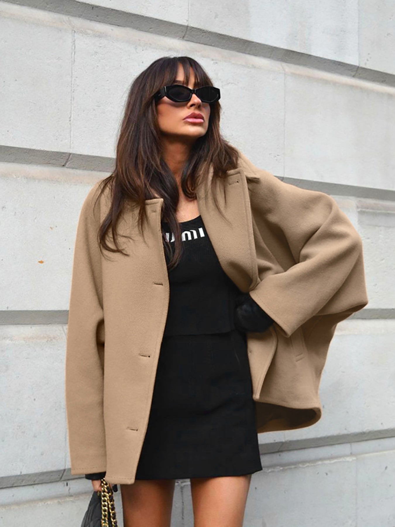 Women'S Elegant Brown Batwing Coat - Long Formal & casual Outerwear with Notched Lapel Collar, A-Line Silhouette, Single-Breasted Front, Mid-Length Length - Winter Jacket for Office, Everyday & Special Events - Easy-Care Coat
