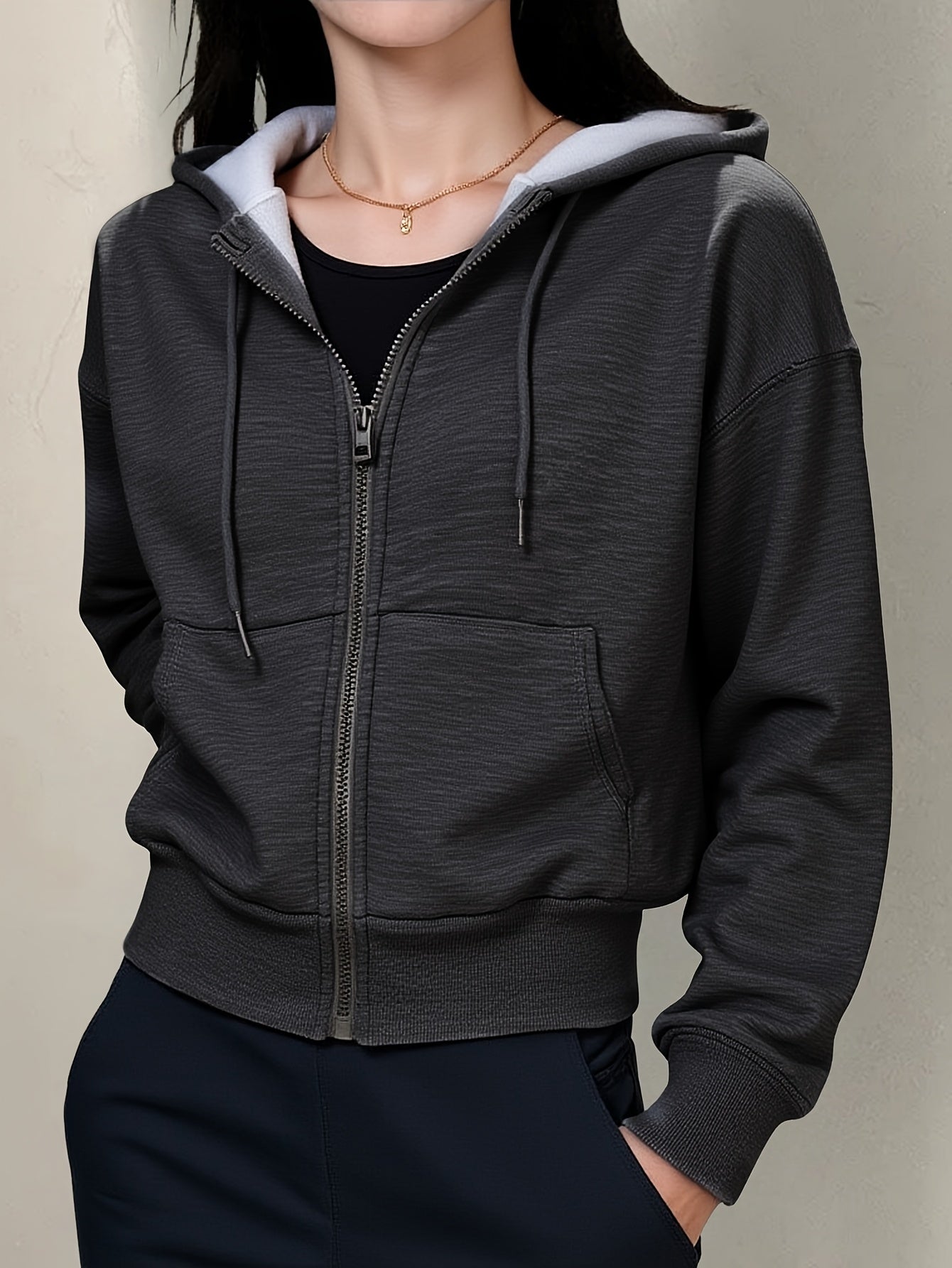 Women'S Hoodie Autumn Winter Chic K-Fashion Solid Color Long Sleeve Comfortable Zippers Hoodie For Woman