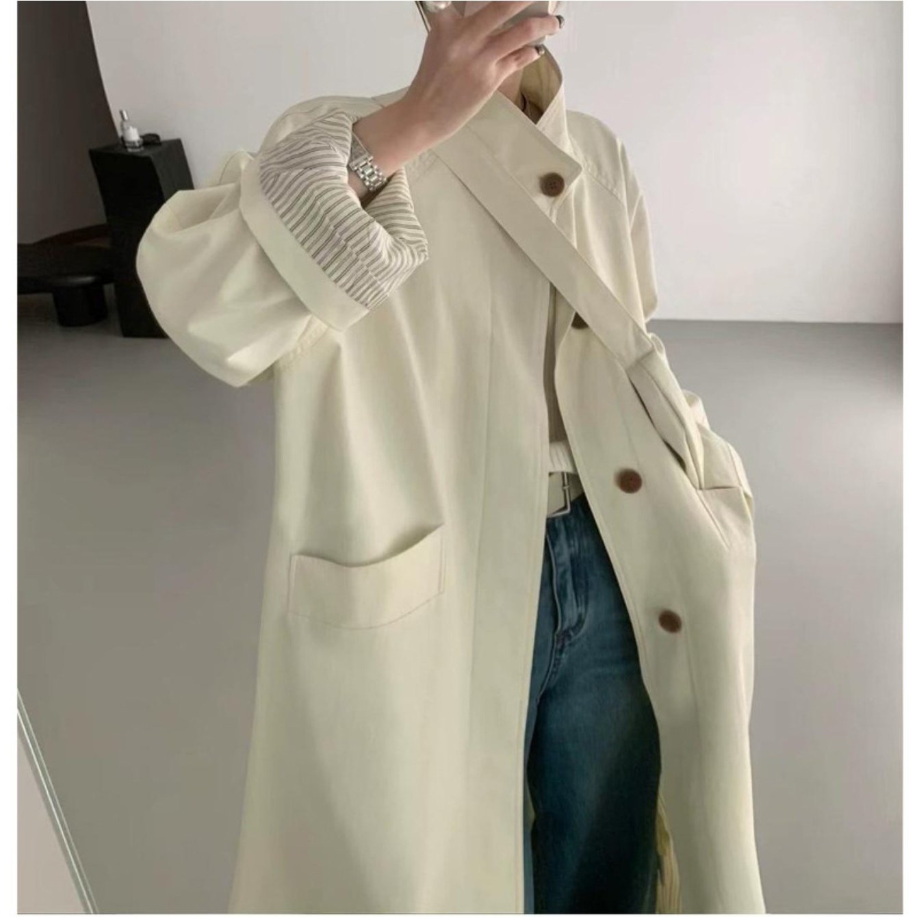Women's Korean-Style Oversized Trench Coat - Beige with Dark Brown Button Closure, Belt-Accent Collar, All-Season Long Coat for Petite & Short Women, Casual to Professional Wear (Hand Washable, 2025 New Model) by Ding Darwin