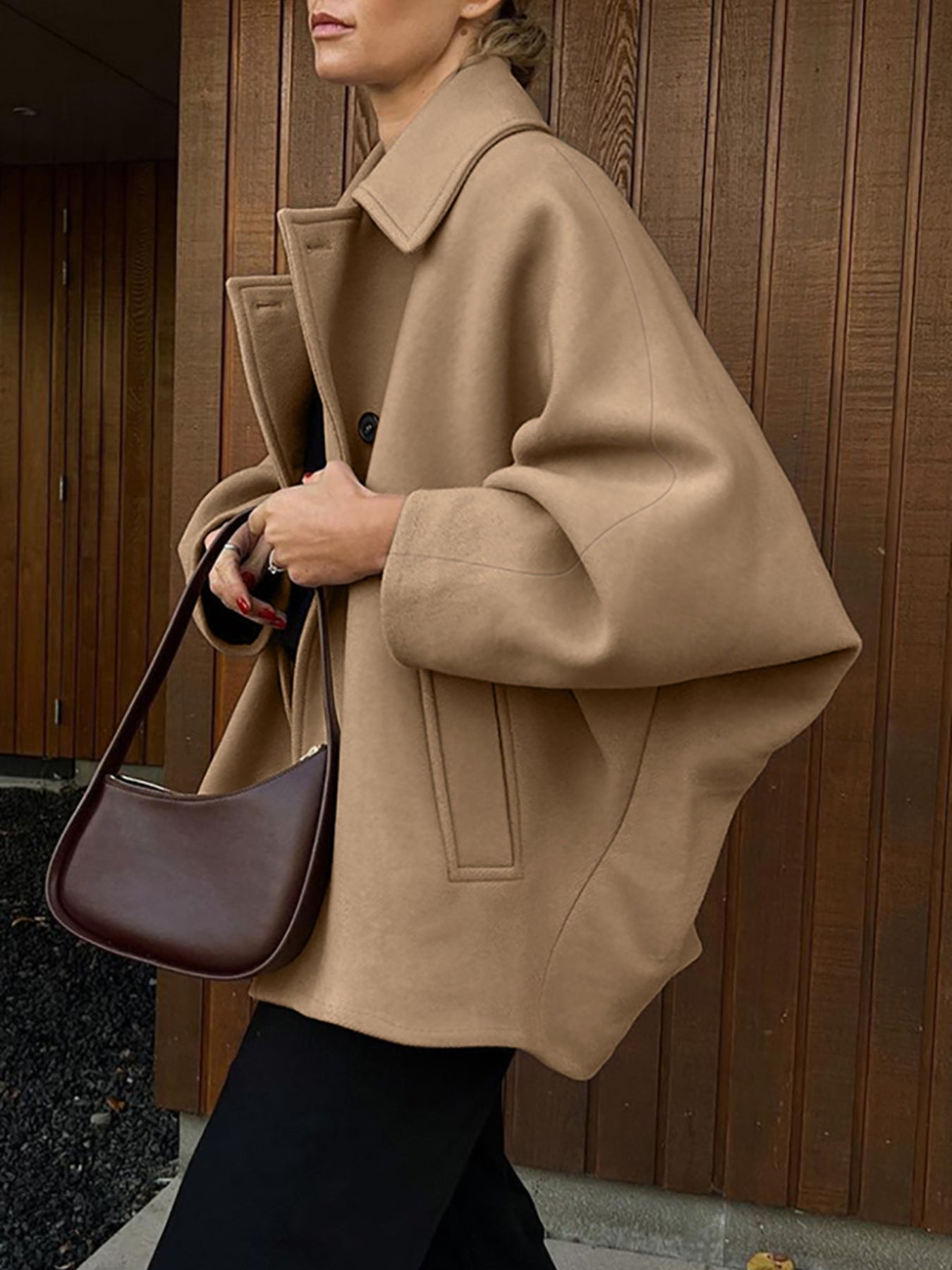 Women'S Elegant Brown Batwing Coat - Long Formal & casual Outerwear with Notched Lapel Collar, A-Line Silhouette, Single-Breasted Front, Mid-Length Length - Winter Jacket for Office, Everyday & Special Events - Easy-Care Coat