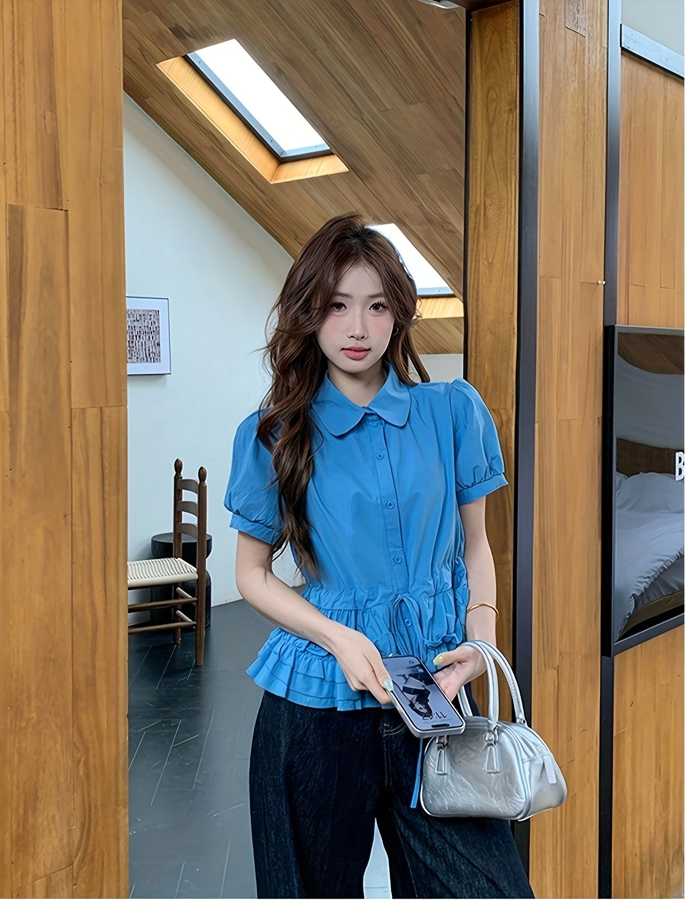 1pc Women's Elegant Ruffled Stand Collar Blouse - Slim Fit Short Sleeve Summer Top with Adjustable Drawstring Waist, Solid Color Casual to Formal Shirt, Everyday Stylish Wear, Smooth Texture Fabric, Quality Casualwear