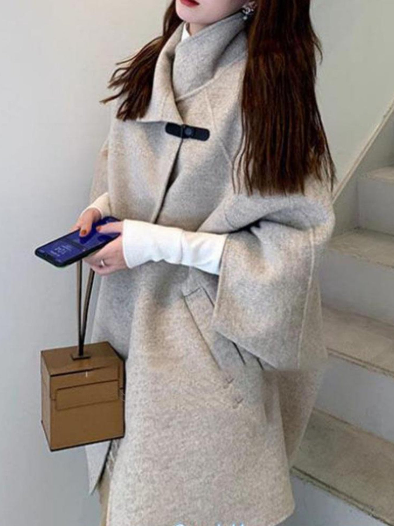 Women's Japanese Korean Style Cape Coat - Elegant Mid-Length Winter Coat with Hood-like Collar, Long Sleeve Korean Hanbok-Inspired Outerwear, Pockets & Smooth- (No Padding) for Fall & Winter, Casual to Formal Events (Hand Wash\u002FDry