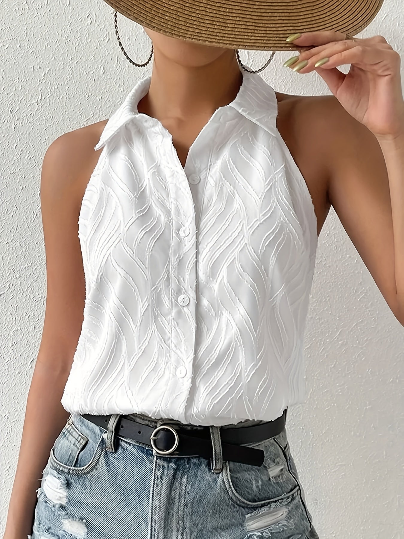 Elegant Women's Sleeveless Button-Up Blouse - Textured Solid Color White Collar, Lightweight Polyester, Machine Washable, Perfect for Summer Casual Wear, Ladies Blouses, Versatile Fashion | Collared Shirt | Glossy Texture