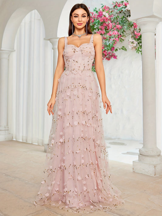 Women's Elegant Off-Shoulder 3D Floral Embroidery Dress with Lace Panels, Waist Folds & Flared A-Line Long Skirt - Hand Wash Only, All-Season Formal & Casual Wear, Special Occasion Gown, Sophisticated Style, Highquality Embroidery