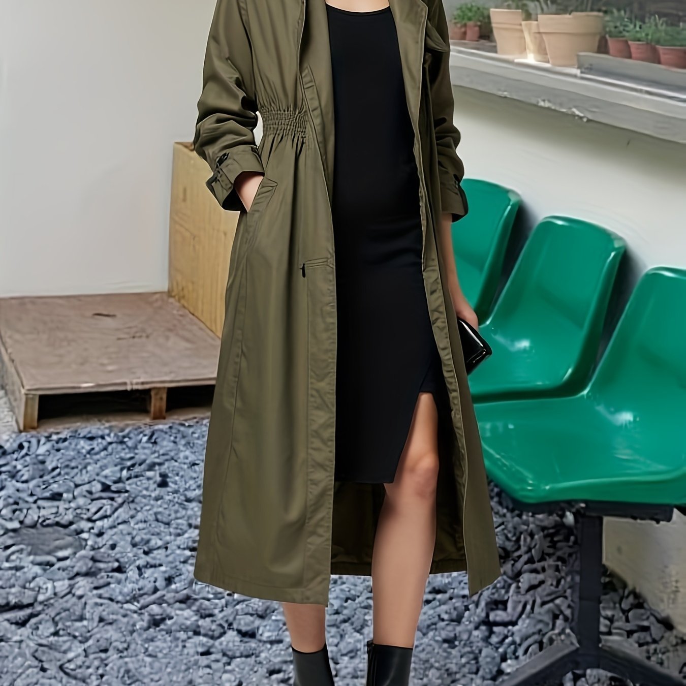 Solid Color Women's Elegant Mid-Length Hooded Windbreaker Jacket - Versatile Spring Outerwear with Waistband, Hand Washable, Middle East Collection, Semiformal Attire, Fitted Waist Design, Detailed Sleeve Design