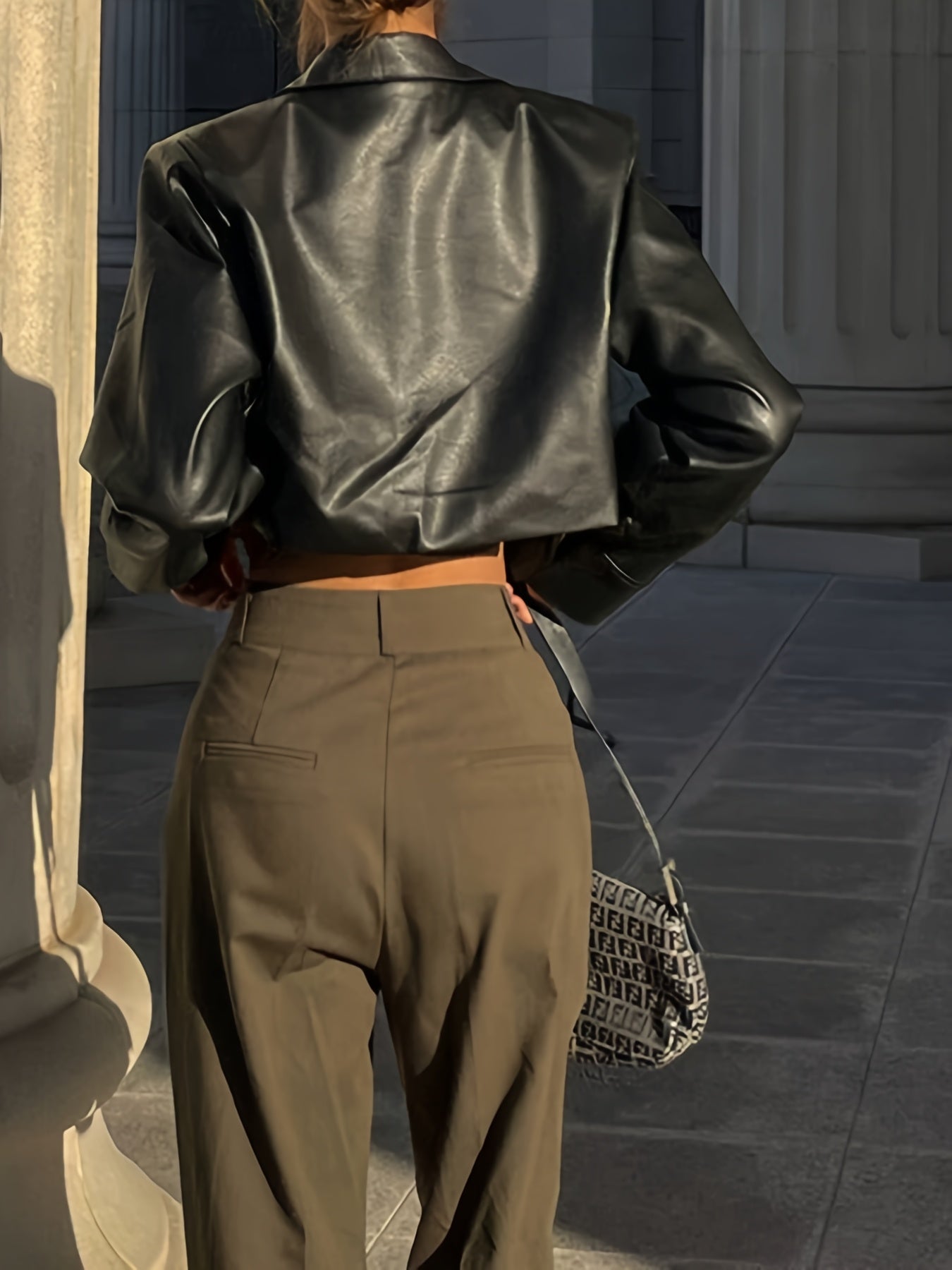 Women's Black Motorcycle Jacket Short Crop Lapel Coat - Slim-Fit H-Line Silhouette, Single-Breasted Button Front with Chest Pocket, All-Season Casual Outerwear (No Belt) for Jeans & Dresses, Machine Washable