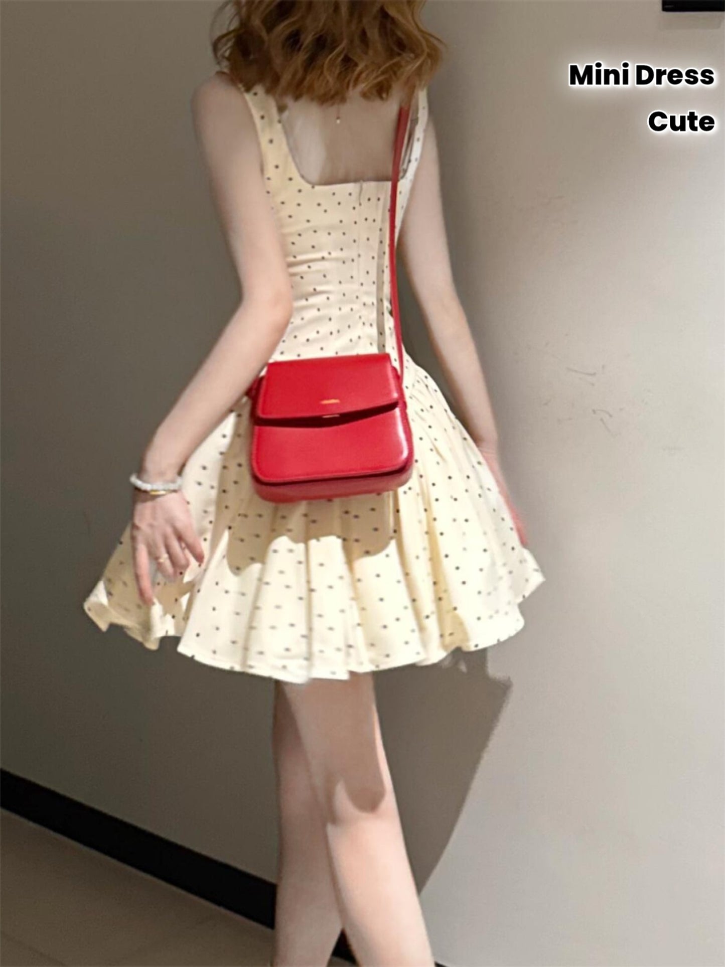 French Chic Dress Summer French-Inspired Polka Dot Dress | Elegant Square Neck Sleeveless Mini Dress for Women - Casual Chic Ruched Detail, Perfect for Petite Figures, 2025 Collection