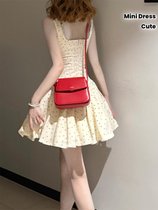 French Chic Dress Summer French-Inspired Polka Dot Dress | Elegant Square Neck Sleeveless Mini Dress for Women - Casual Chic Ruched Detail, Perfect for Petite Figures, 2025 Collection