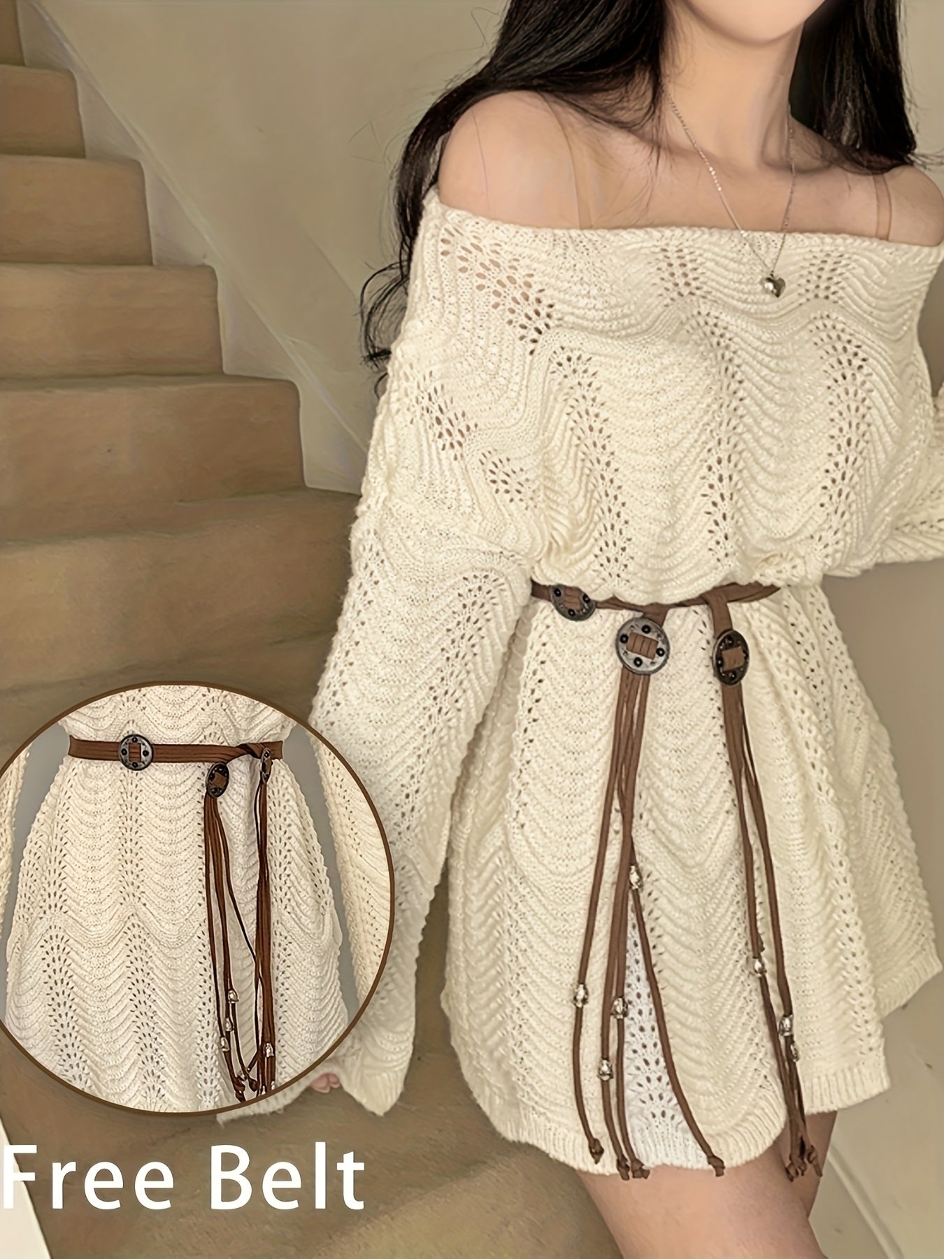 Women's Asymmetric Shoulder Design Loose Versatile Dress with Belt TJ22729