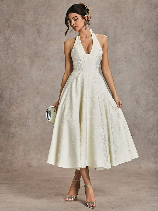 2025 New High-End Halter French Designer Light Wedding Dress with Jacquard Fabric, Sleeveless, Large Skirt, Elegant Little Dress for Women.