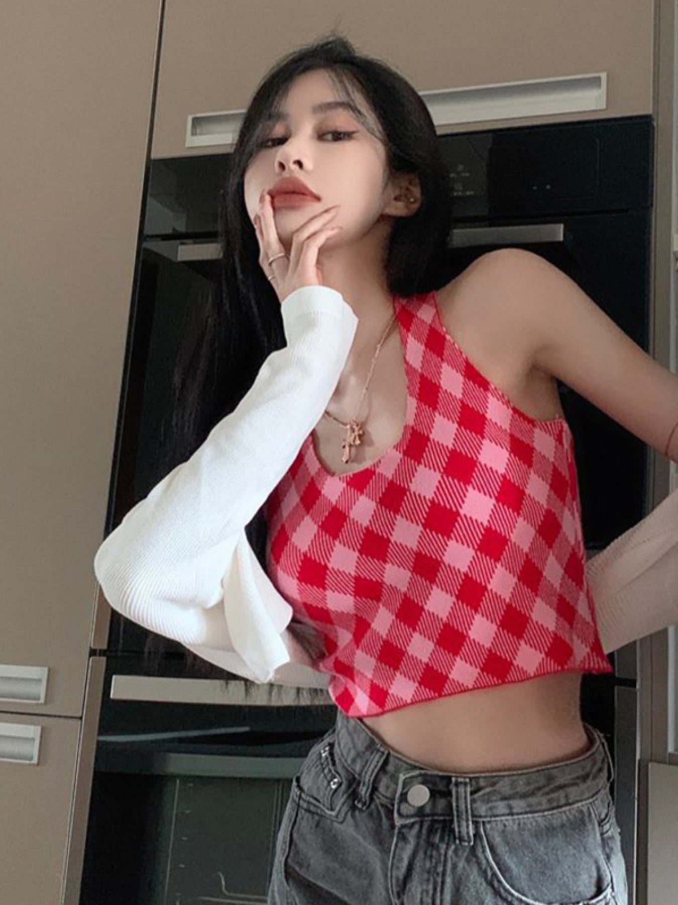 Women's Red and White Gingham Halter Crop Top - Sleeveless, Backless, Asymmetrical Cut, Summer Streetwear Tank Top, Ladies Tank Tops