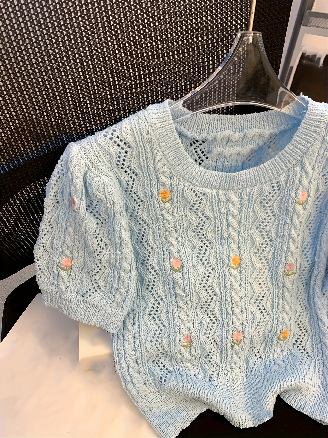 Elegant Lace Top Elegant Women's Light Blue Floral Lace Top | Short Sleeve Blouse with Puff Sleeves, Round Neck, and Delicate Embroidery for Spring\u002FSummer\u002FFall