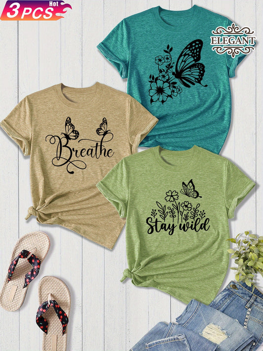 3-Pack Women'S Sister Family Clothing Summer Refreshing Day Retro Simple Elegant Butterfly Flower English Alphabet Printing Sports T-Shirt, Casual Crew Neck Short-Sleeved Top, Shot Polyester Blend, Perfect Choice for Gifts, Summer And Spring Clothing
