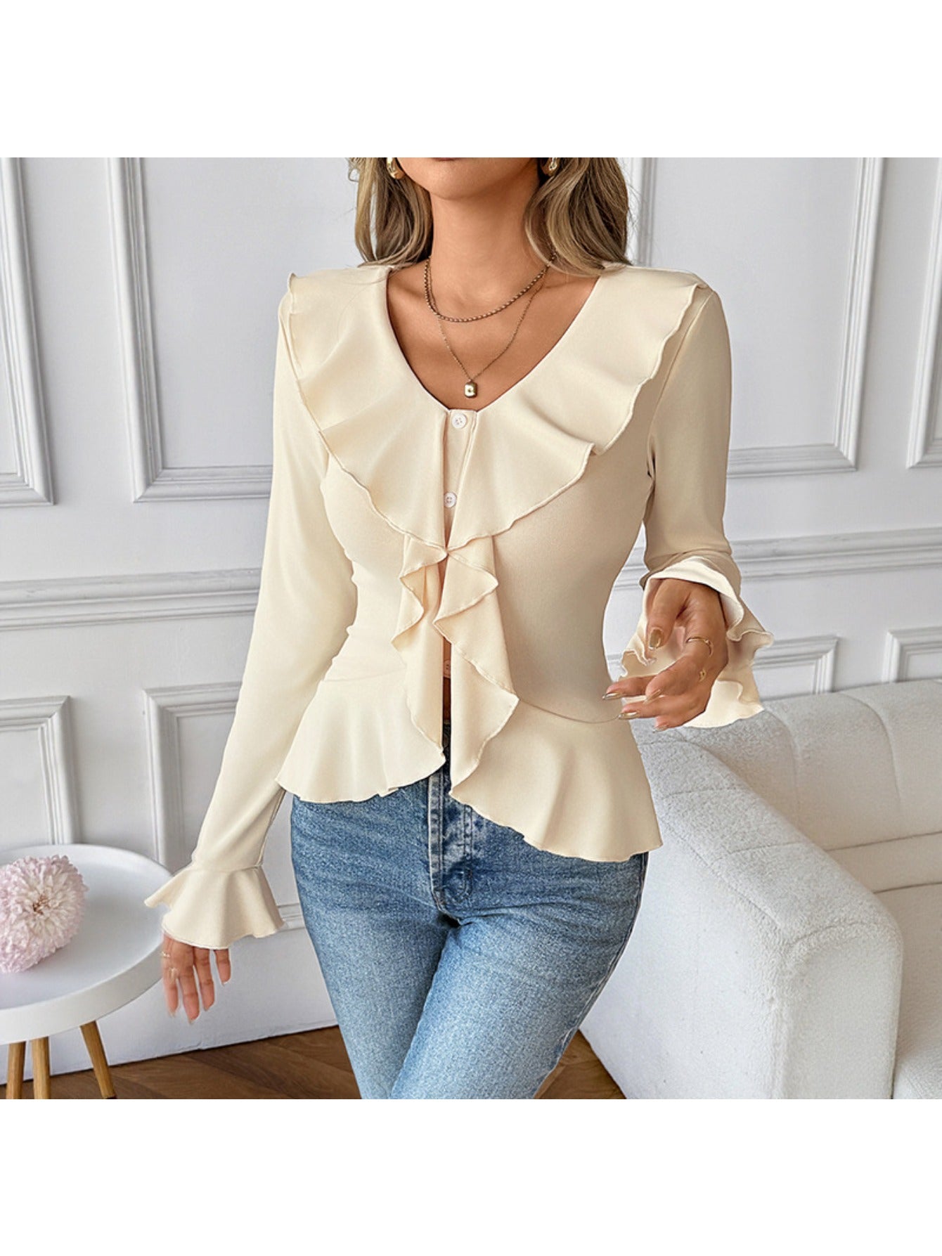 Women's Slim-Fit Ruffled Blouse - Elegant Smock Neck T-Shirt with Ruffle Collar & Short Sleeves, Solid Beige ( White) Top for Spring\u002FFall, Machine Washable Shirt for Casual & Formal Wear